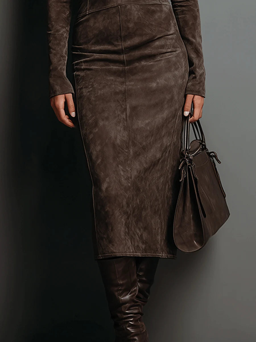 Argilla Sicilia | ILARIA | Abito Midi in Suede con Collo Alto e Maniche Lunghe