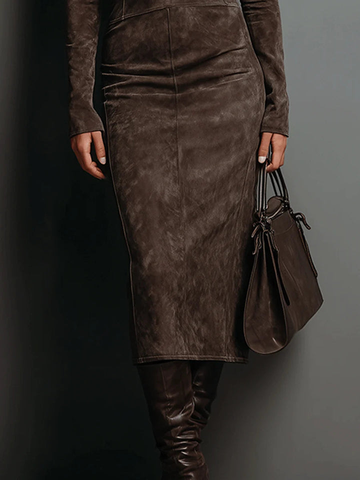Argilla Sicilia | ILARIA | Abito Midi in Suede con Collo Alto e Maniche Lunghe