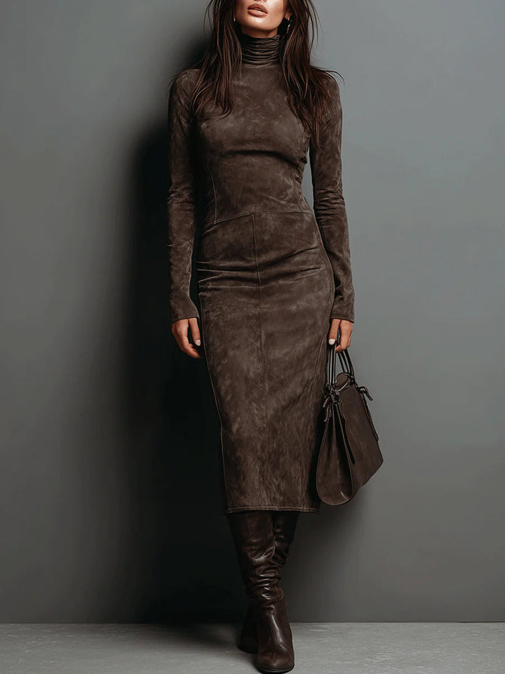 Argilla Sicilia | ILARIA | Abito Midi in Suede con Collo Alto e Maniche Lunghe