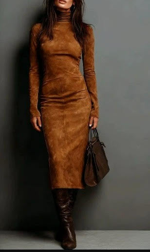 Argilla Sicilia | ILARIA | Abito Midi in Suede con Collo Alto e Maniche Lunghe