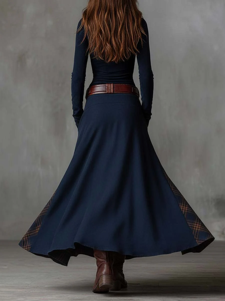 Argilla Sicilia | LEONORA | Vestito lungo vintage in camoscio a quadri blu navy (Include Cintura)
