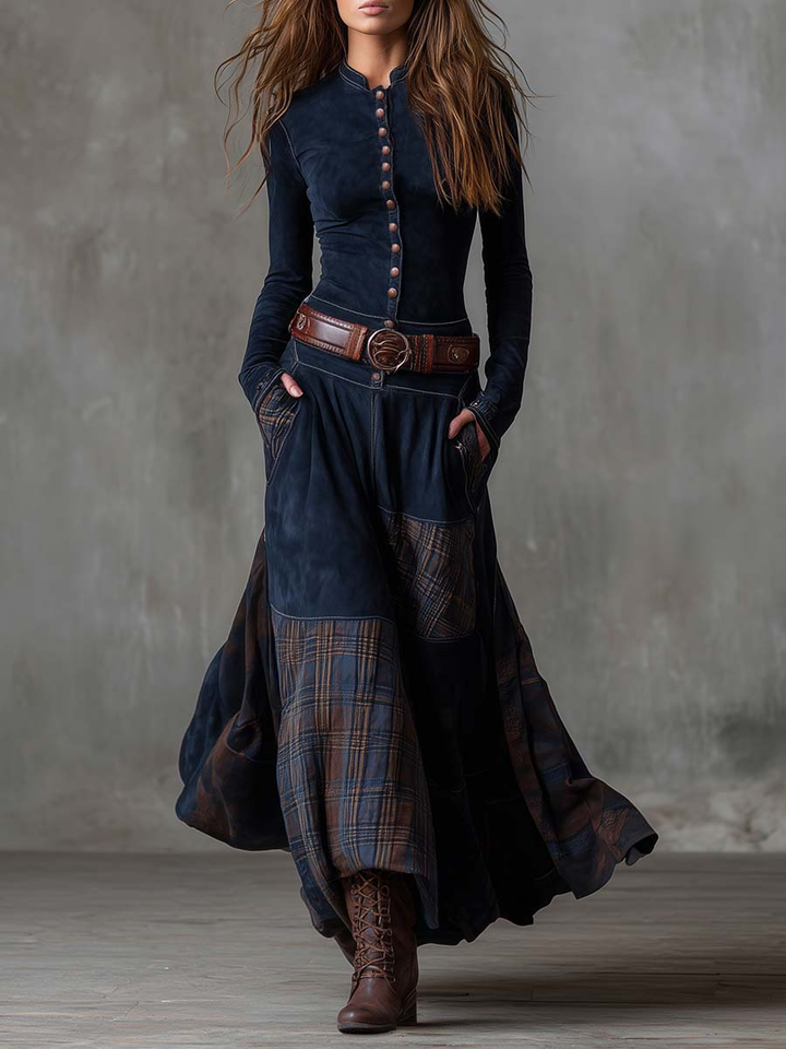 Argilla Sicilia | LEONORA | Vestito lungo vintage in camoscio a quadri blu navy (Include Cintura)
