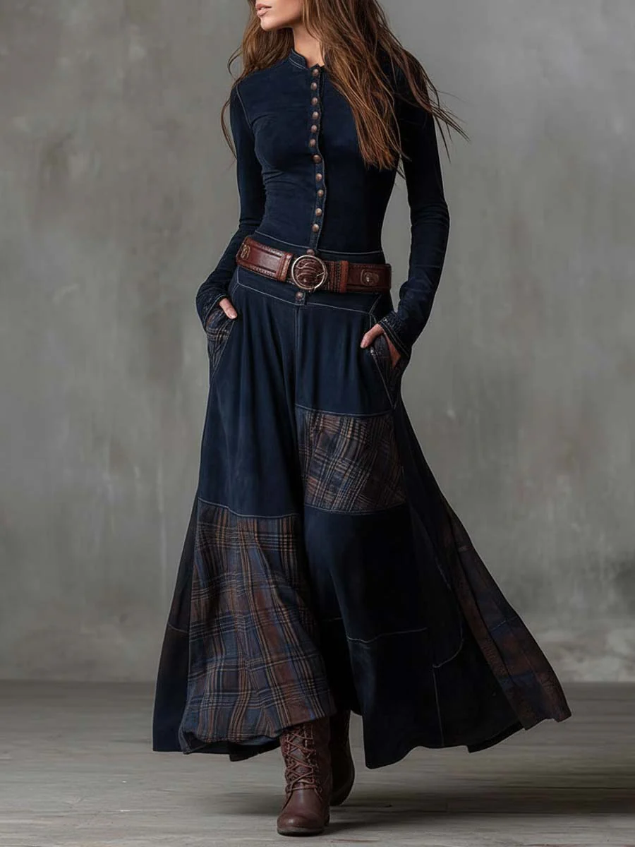 Argilla Sicilia | LEONORA | Vestito lungo vintage in camoscio a quadri blu navy (Include Cintura)