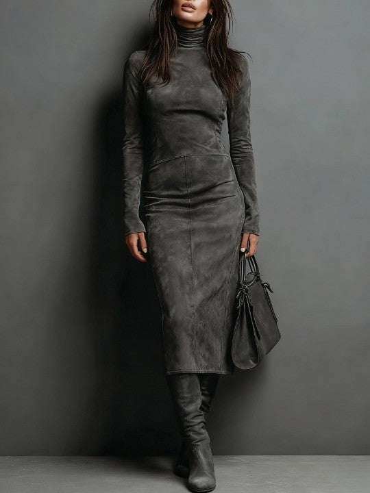 Argilla Sicilia | ILARIA | Abito Midi in Suede con Collo Alto e Maniche Lunghe